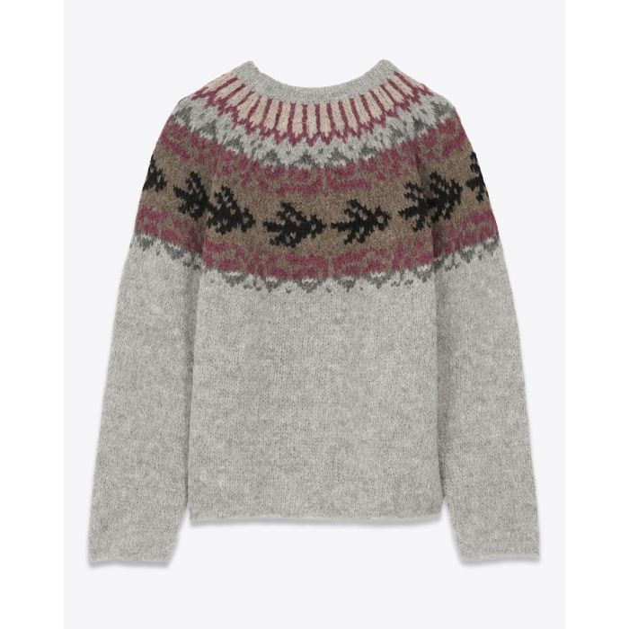 Pull motif péruvien Thibault Van Der Straete en alpaga gris clair, motif beige et violet. Vue de dos. 