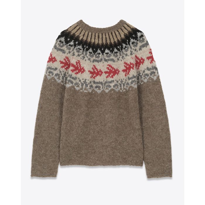 Pull oversize Thibault Van Der Straete en alpaga noisette, motif placé, péruvien, écru et rouge. Vue de dos.