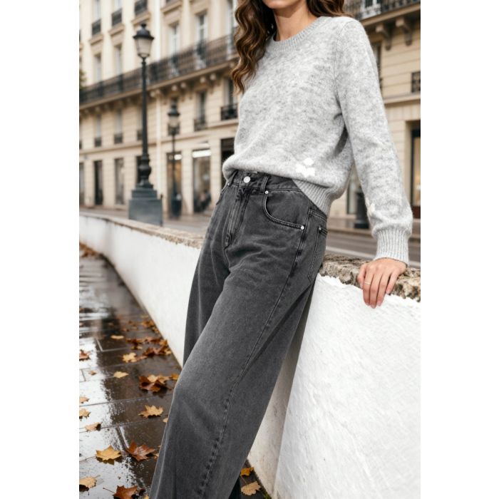 Pull Isadora Isabel Marant Étoile en baby mohair mélangé gris chiné, mini-logo "Marant" écru sur le bas, porté légèrement rentré dans un jean gris.