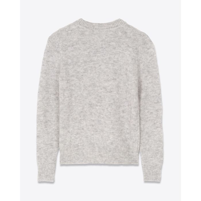 Pull Isadora Isabel Marant Étoile en baby mohair mélangé gris chiné, mini-logo "Marant" écru sur le bas. Vue de dos.
