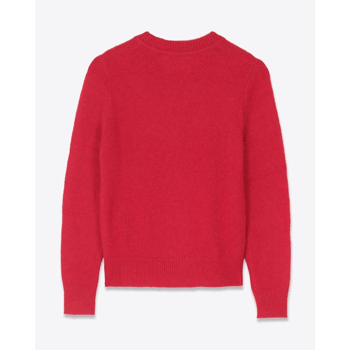 Pull Isadora Isabel Marant Étoile en baby alpaga mélangé rouge, logo écru sur le bas. Vue de dos.