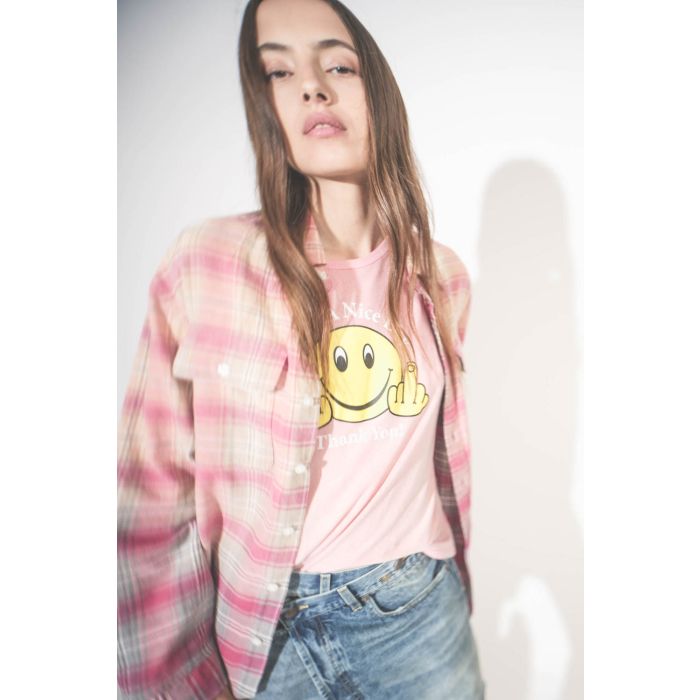 Tee-shirt manches courtes Smiley Have A Nice Day R13 en coton et cachemire rose. Détail du Smiley ???? 


