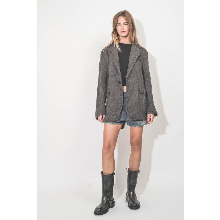 Veste Frayed Edge Ragged Blazer Dark Grey Plaid R13. Portée de face.