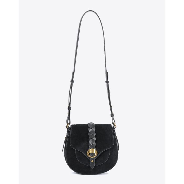 Sac Altay Small Isabel Marant en cuir suédé noir. Porté épaule ou croisé. Détail de la bandoulière réglable.  