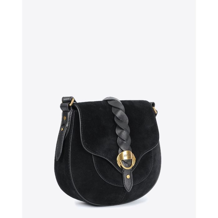 Sac Altay Small Isabel Marant en cuir suédé noir. Porté épaule ou croisé. Profil.