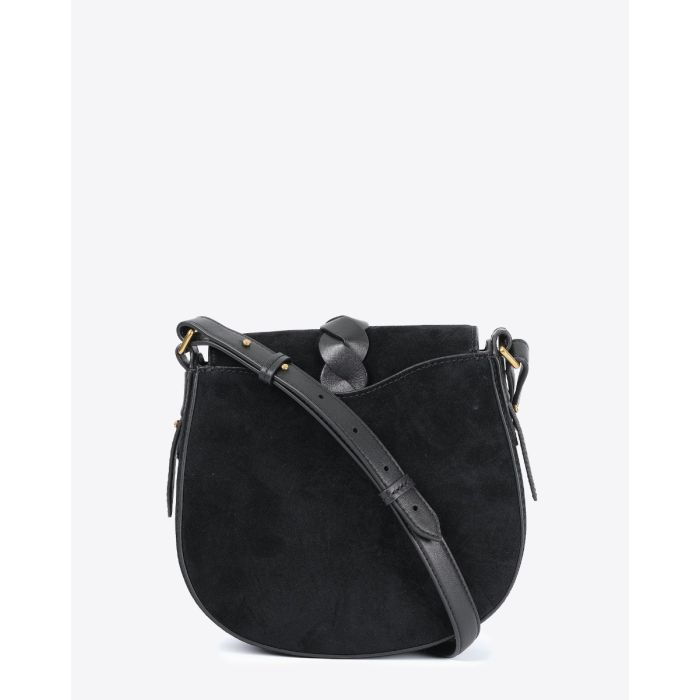 Sac Altay Small Isabel Marant en cuir suédé noir. Porté épaule ou croisé. Détail de la poche plaqué dos. 