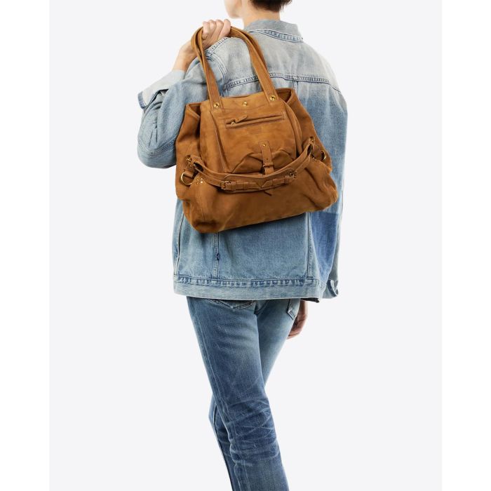 Sac cabas en cuir tabac Billy M Jérôme Dreyfuss. Porté main.