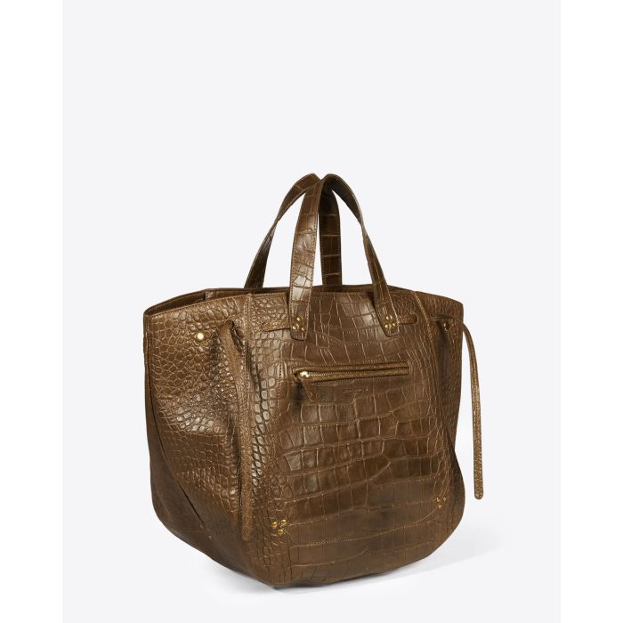 Sac cabas Marius agneau croco kaki Jérôme Dreyfuss. Profil.