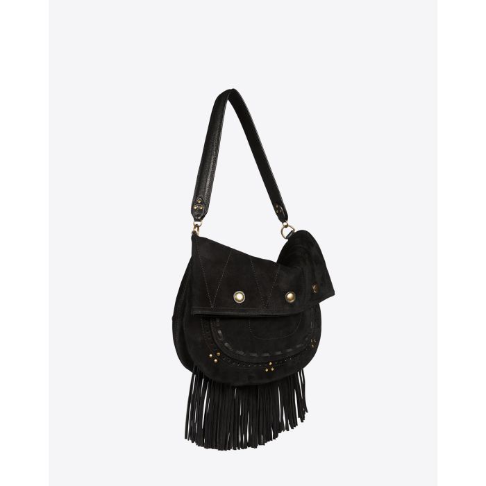 Sac à franges en daim noir Jerry M Jérôme Dreyfuss. Profil avec les franges.
