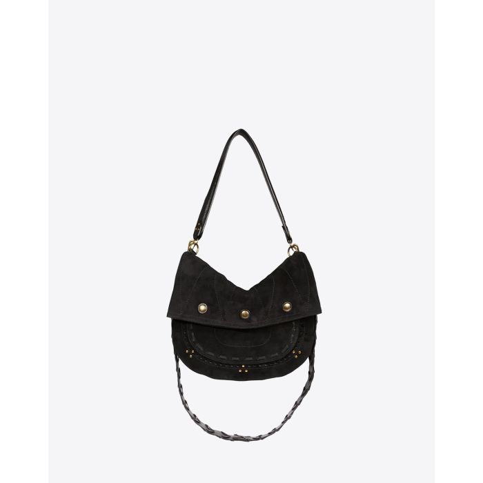 Sac à franges en daim noir Jerry M Jérôme Dreyfuss. Face sans les franges avec la bandoulière longue. 