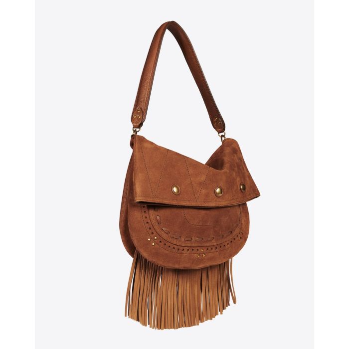 Sac Jerry M à franges amovibles veau velours Tabac Jérôme Dreyfuss. Profil avec franges.