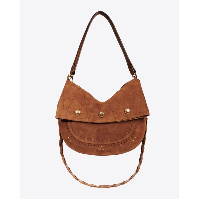 Sac Jerry M à franges amovibles veau velours Tabac Jérôme Dreyfuss. Face sans franges.
