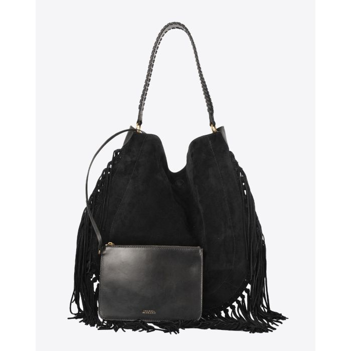 Sac Oskan Hobo Soft à franges Isabel Marant en cuir suédé noir. Porté main ou épaule. Détail de la pochette en cuir lisse noir à l'intérieur du sac.