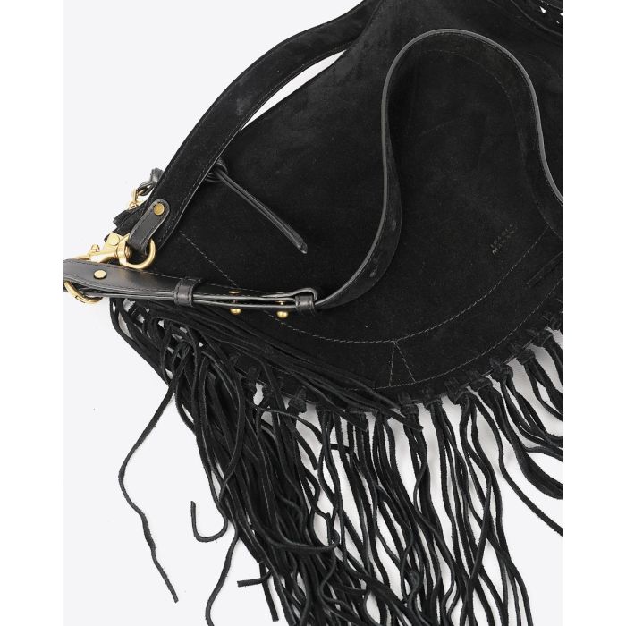 Sac Oskan Soft zip à franges Isabel Marant. Porté main ou bandoulière. Face. Détails du cuir et logo embossé "Isabel Marant" devant.
