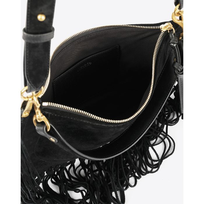 Sac Oskan Soft zip à franges Isabel Marant. Porté main ou bandoulière. Face. Détails de la poche en cuir à l'intérieur doublure tissu.