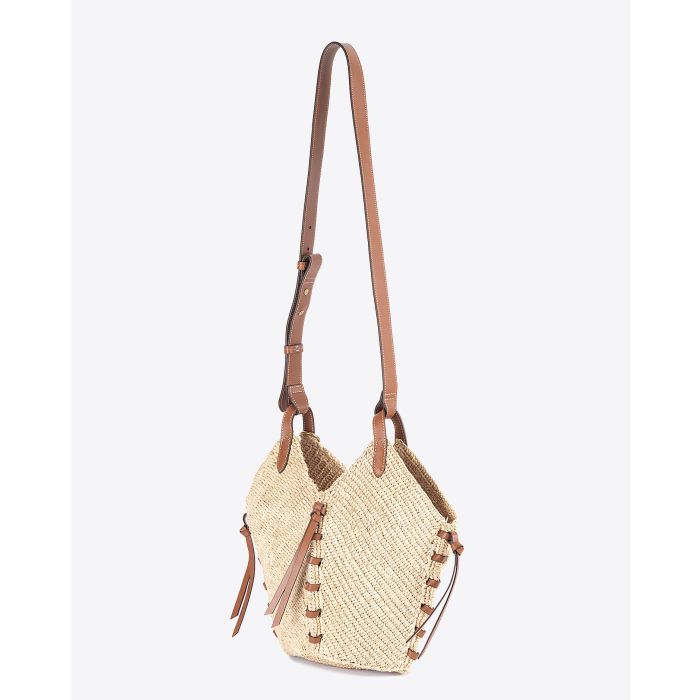 Petit sac Tampa Isabel Marant en raphia naturel et cuir cognac. Vue profil.