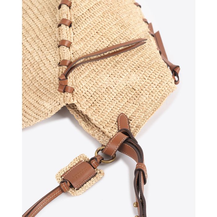 Petit sac Tampa Isabel Marant en raphia naturel et cuir cognac. Détails. 