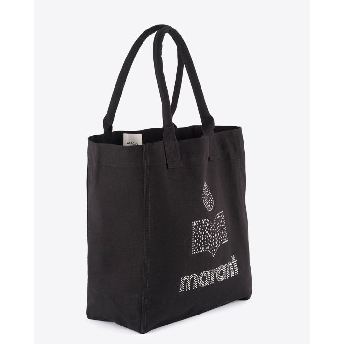 Sac cabas en toile de coton noir, logo clouté argenté Yenky Isabel Marant. Vue de profil.