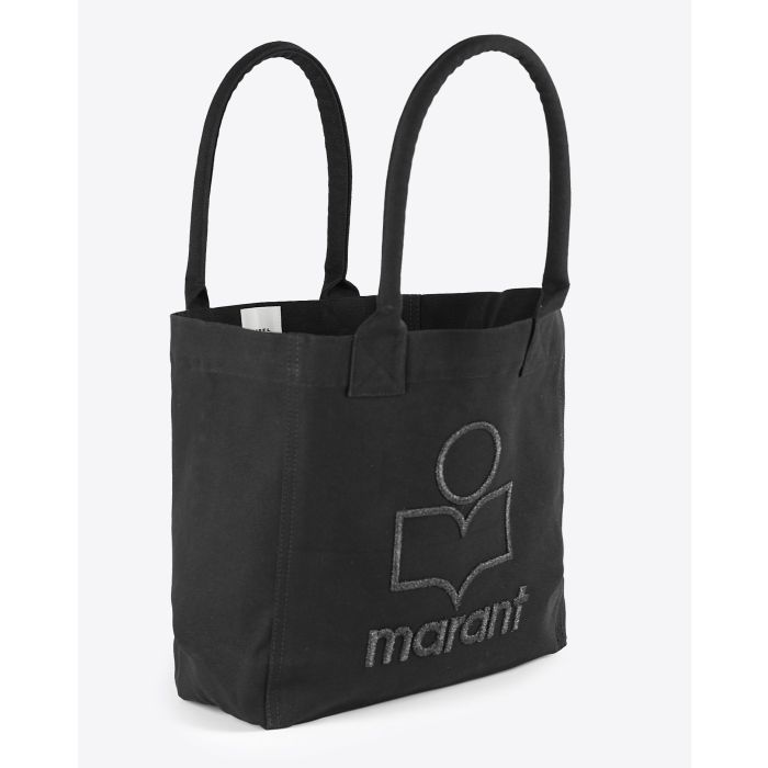Sac cabas Yenky Petit Isabel Marant en coton noir avec logo à paillettes. Vue profil.
