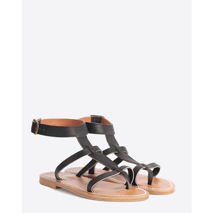 Sandales plates Artimon K.Jacques en cuir naturel noir. Vue face.