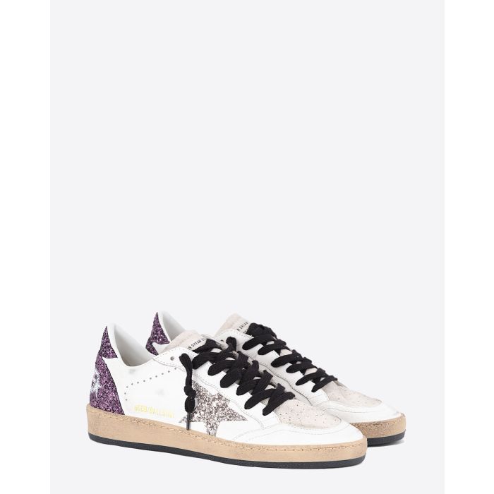 Sneakers Ball Star Golden Goose en cuir Blanc Argent Violet. Vue face. 