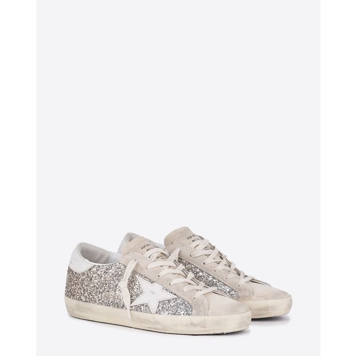 Sneakers à paillettes argent et or arrière en cuir lisse blanc étoile en cuir lisse blanc Golden Goose Femme. Face.