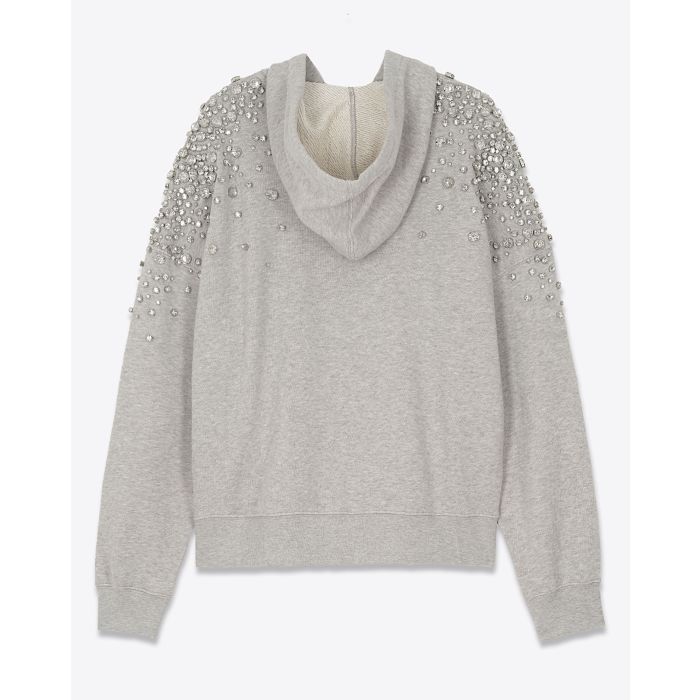 Sweat-shirt à capuche gris clair chiné poche Kangourou entièrement brodé de cristaux sur les épaules et dans le dos Golden Goose. Dos.