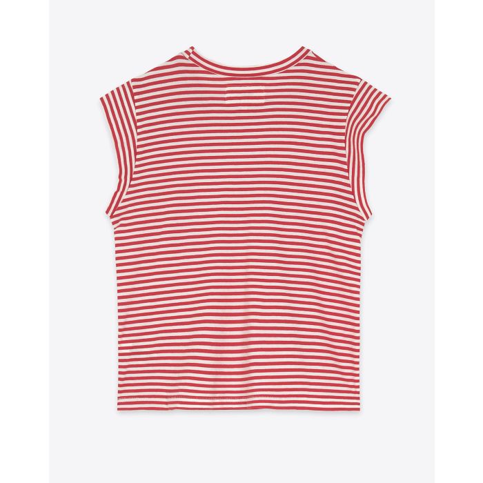 Tee-shirt manches courtes raccourcies Peak Shoulder The Great en coton rayé rouge. Vue dos. 