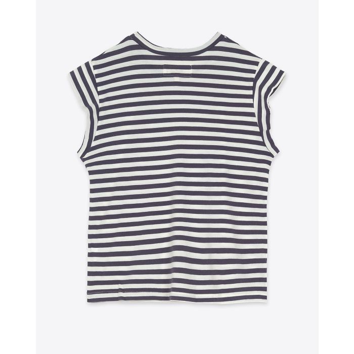 Tee-shirt manches courtes Peak Shoulder The Great en coton rayé bleu marine. Vue dos. 