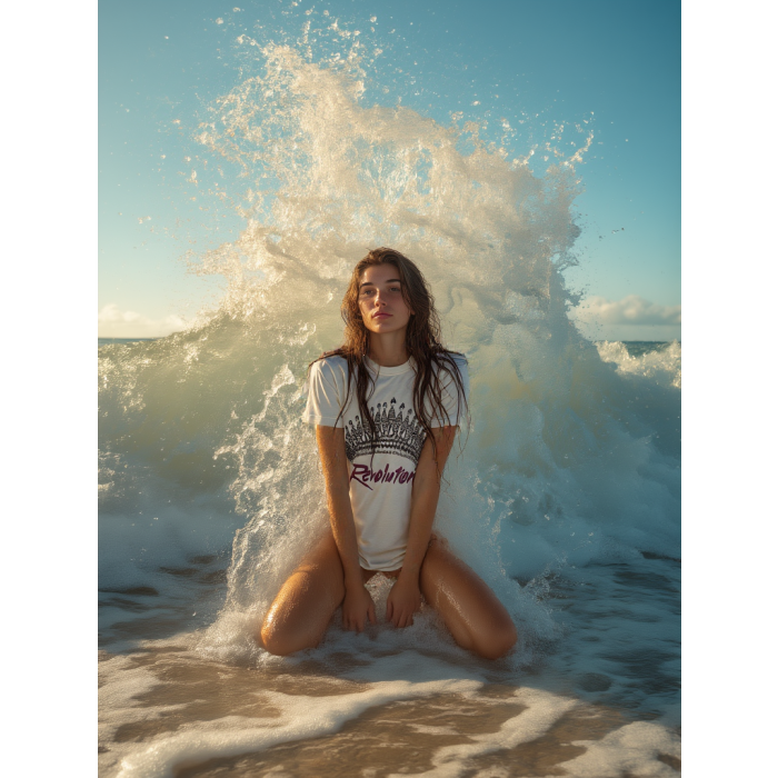 Tee-shirt manches courtes imprimé placé devant tiare Révolution en coton écru Zewel Isabel Marant Etoile. Face. Visuel généré par IA à des fins éditoriales.