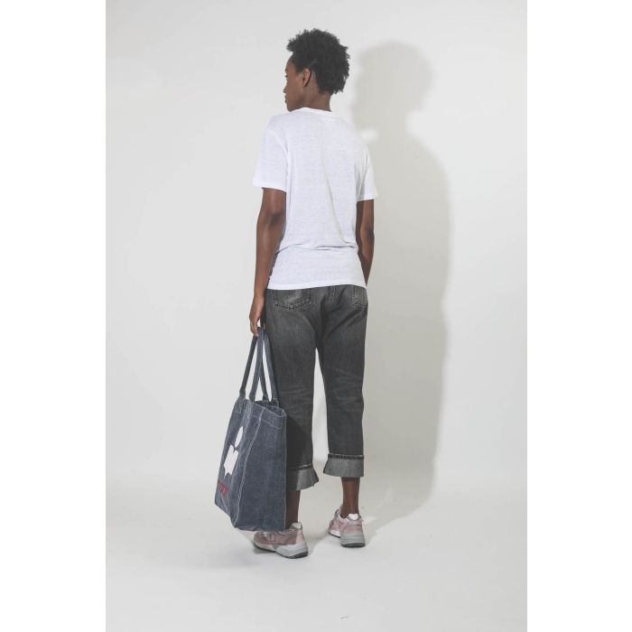 Tee-shirt en lin blanc logo métallisé rose Zewel Isabel Marant Etoile. Porté dos.