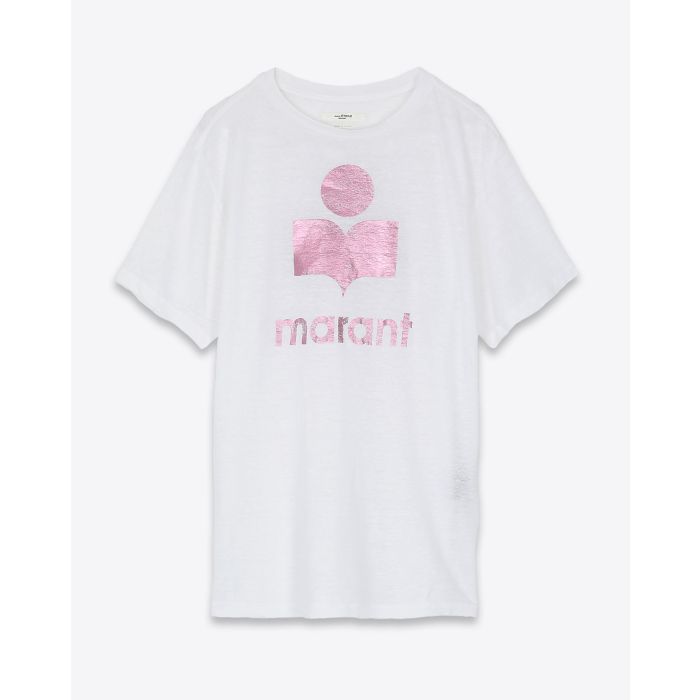 Tee-shirt en lin blanc logo métallisé rose Zewel Isabel Marant Etoile. Face.