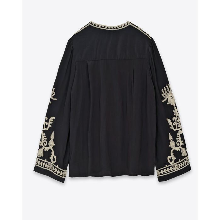 Blouse Falonne Isabel Marant Etoile en crêpe noir brodé écru. Dos.