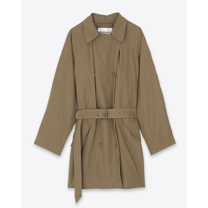 Trench Carlota Marant Etoile en coton et polyamide kaki. Vue de face avec la ceinture.