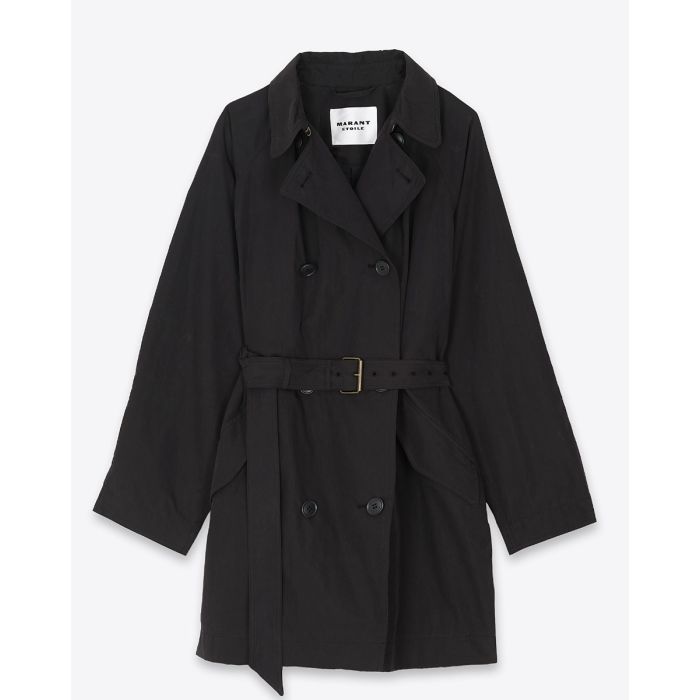 Trench Carlota Marant Etoile en coton et polyamide noir. Vue de face. Fermé et ceinturé.
