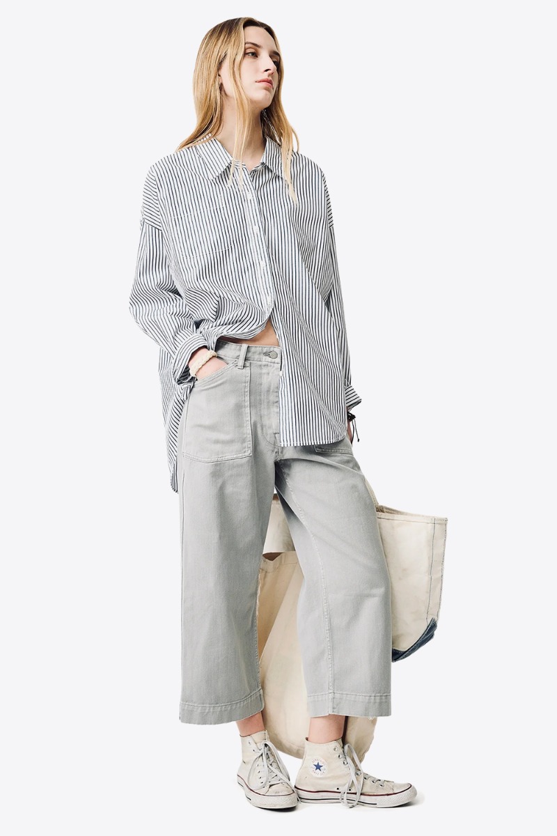 Denimist Chemise Button Front – Blanc Rayé Marine