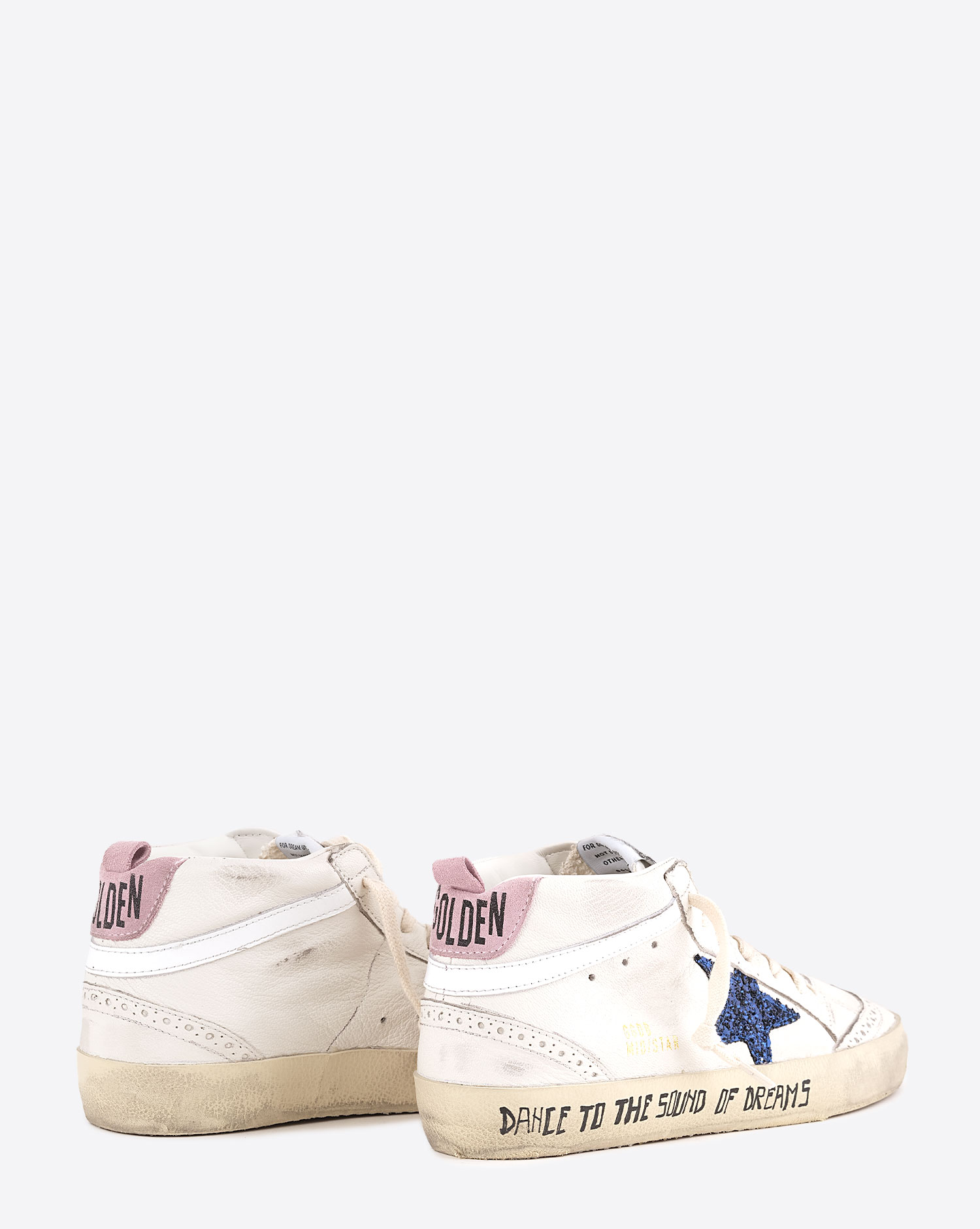 Sneakers Mid Star Golden Goose femme en cuir blanc étoile à paillettes bleues arrière rose. Arrière.