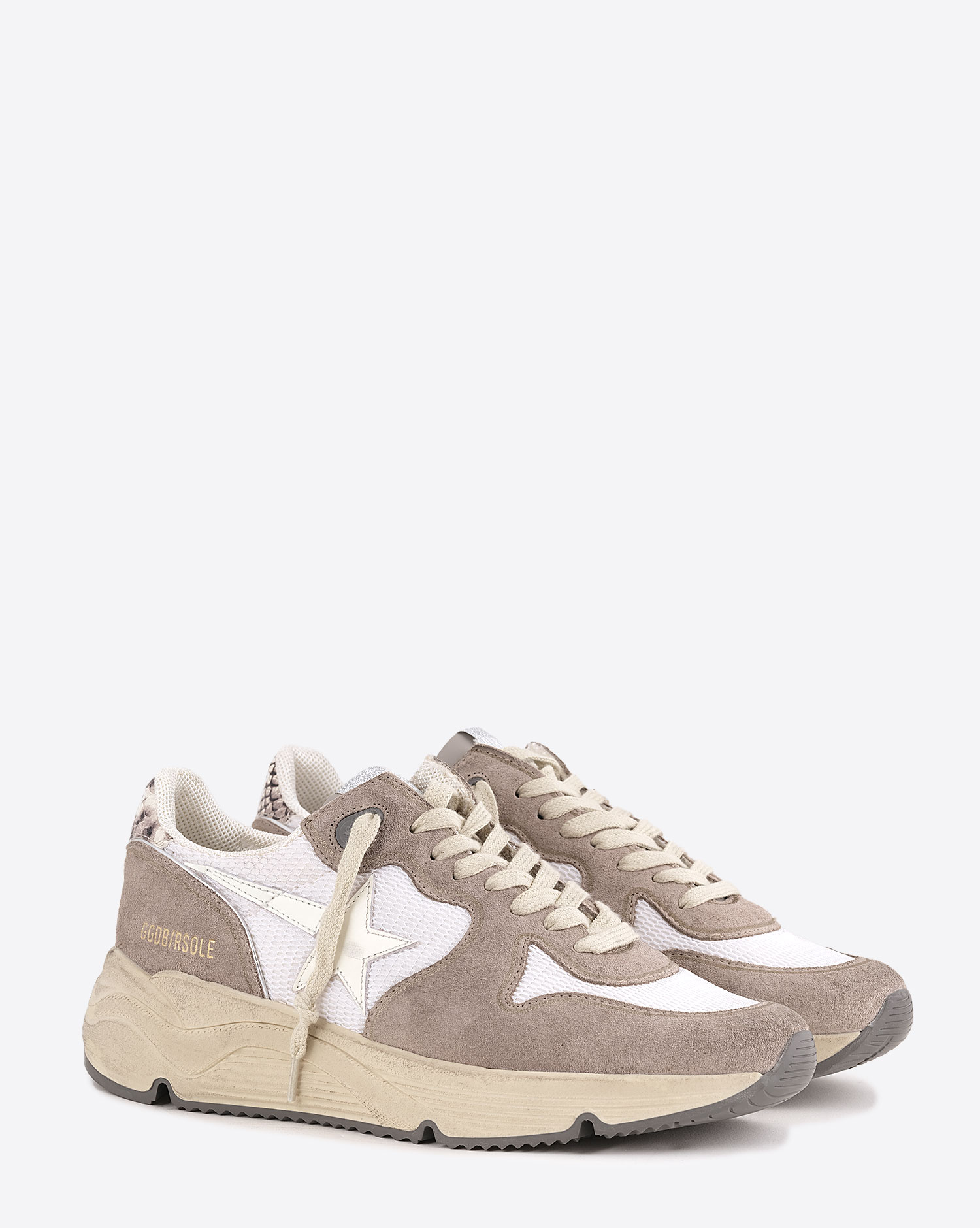 Sneakers running Sole Golden Goose femme blanche et beige étoile filante en cuir blanc et contrefort en cuir effet python taupe. Face.