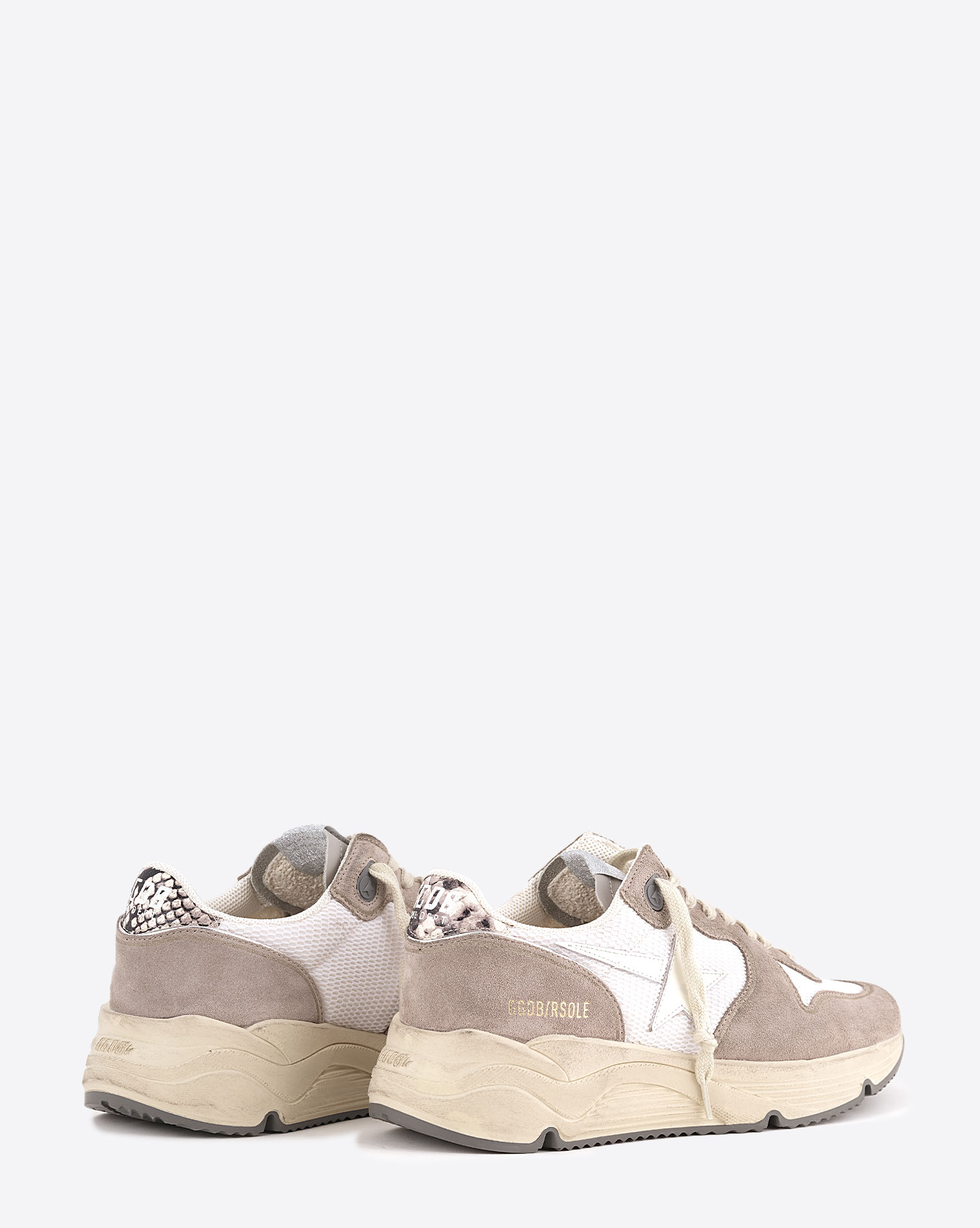 Sneakers running Sole Golden Goose femme blanche et beige étoile filante en cuir blanc et contrefort en cuir effet python taupe. Arrière.