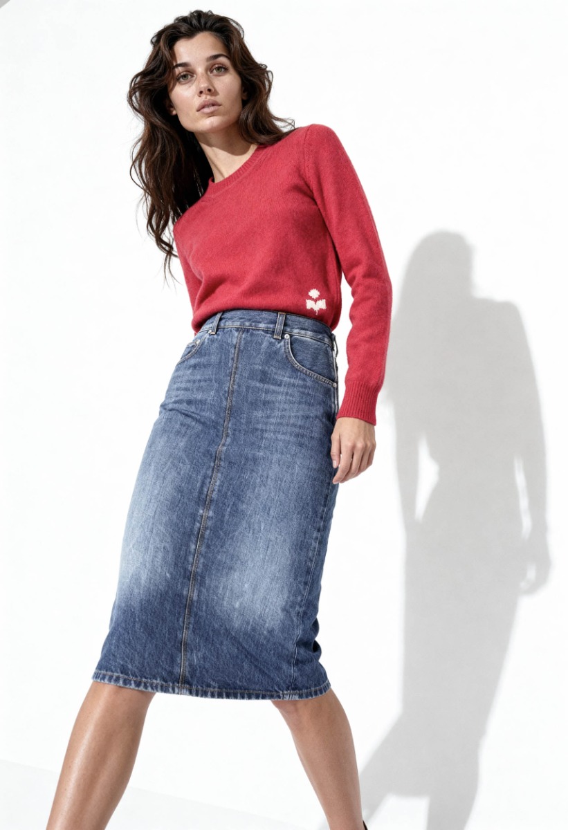 Jupe Kim droite longueur midi Haikure en denim bleu délavé, portée avec un pull rouge.