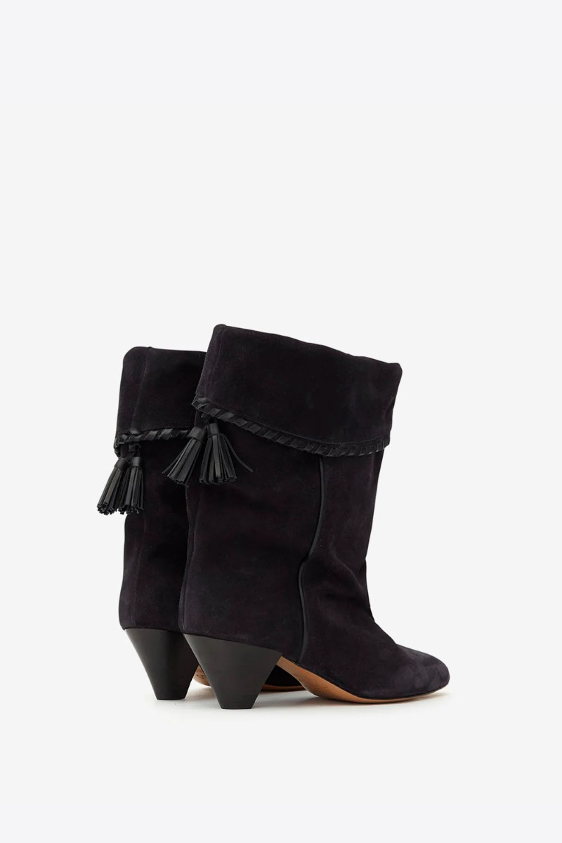 Boots Dalby Isabel Marant en cuir suédé noir délavé. Dos. Détail du talon conique.