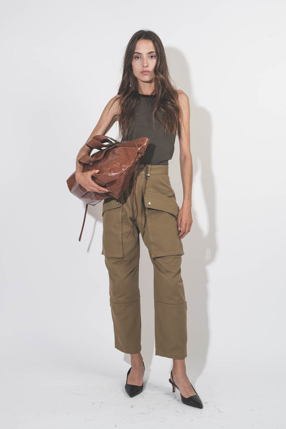 Pantalon large taille haute Cargo larges poches en toile épaisse kaki Jannick Isabel Marant Etoile. 