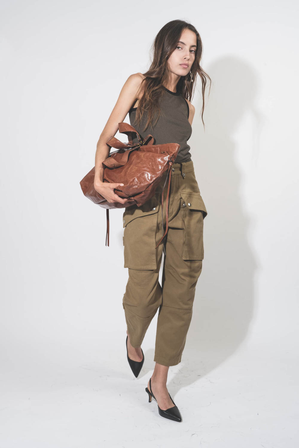 Pantalon large taille haute Cargo larges poches en toile épaisse kaki Jannick Isabel Marant Etoile. Face.