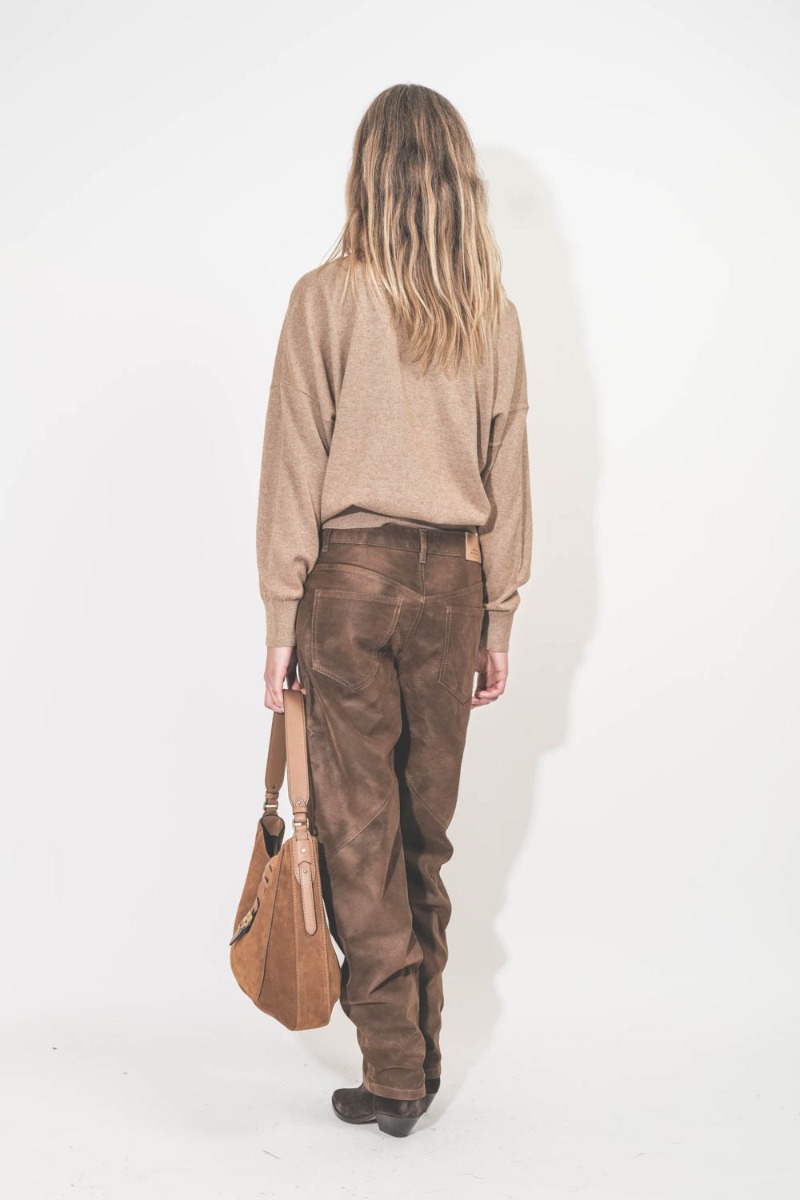Pull Marisans Isabel Marant Etoile en coton et laine beige logo écru. Porté de dos.