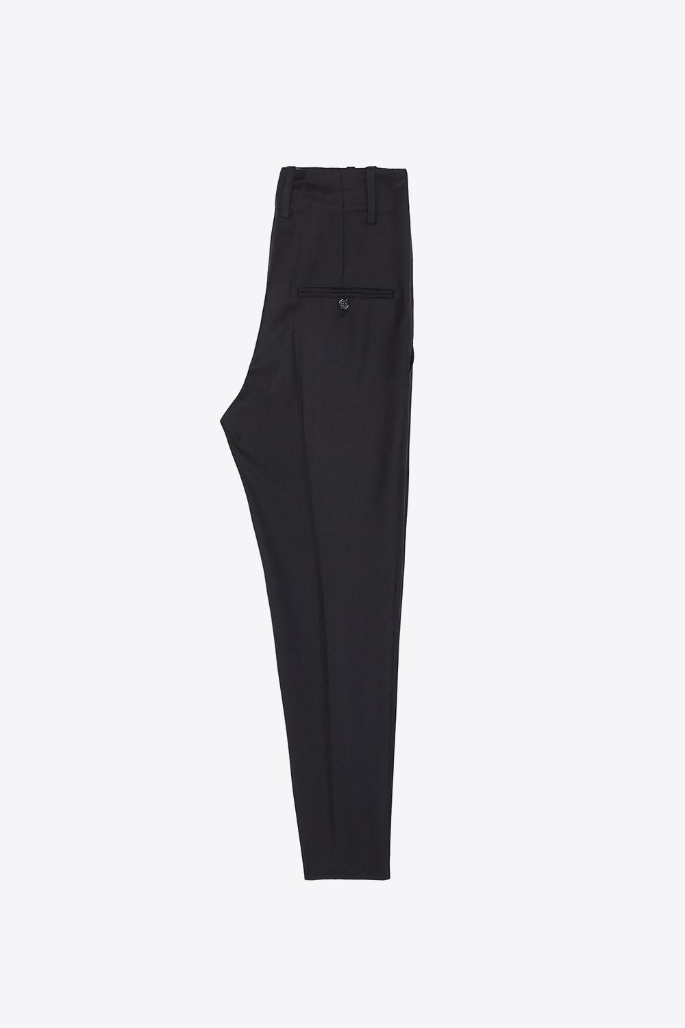 Pantalon esprit masculin en laine froide noir Noah Isabel Marant vestiaire. Profil. Détail des poches passepoilées à l'arrière fermées avec un bouton.  