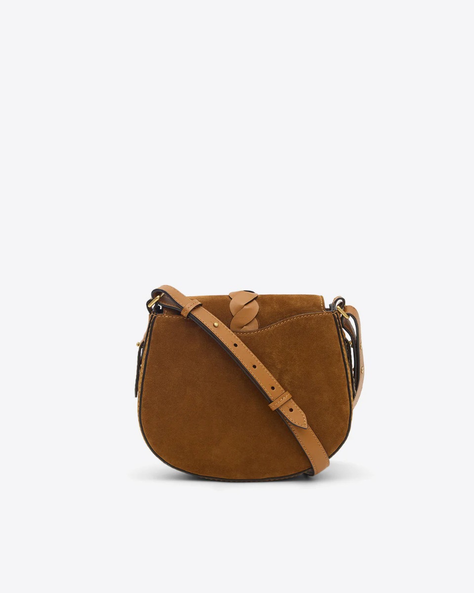 Sac Altay Small Isabel Marant en cuir suédé cognac. Bandoulière longue et patte en cuir tressé naturel. Dos.