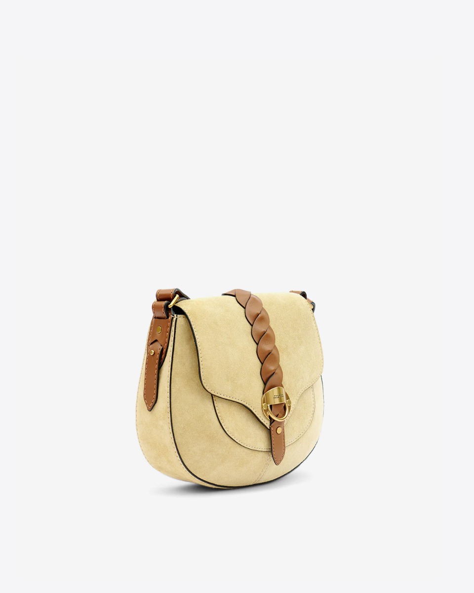 Sac Altay Small Isabel Marant en cuir suédé beige et cuir lisse naturel. Porté épaule ou croisé. Profil.