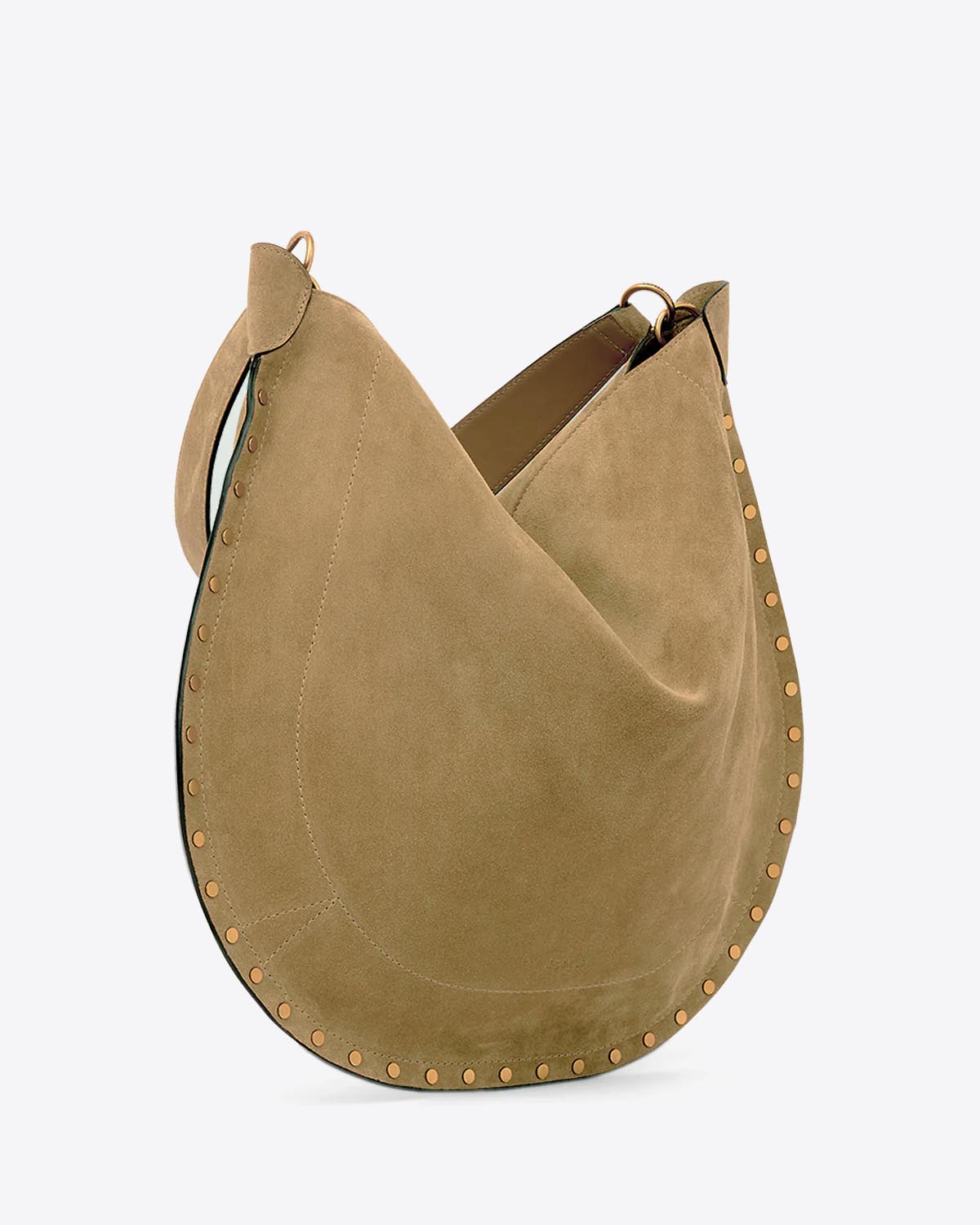 Sac Oskan Hobo soft Isabel Marant en cuir suédé taupe et clous dorés. Anse en cuir pour un porté épaule. Profil.