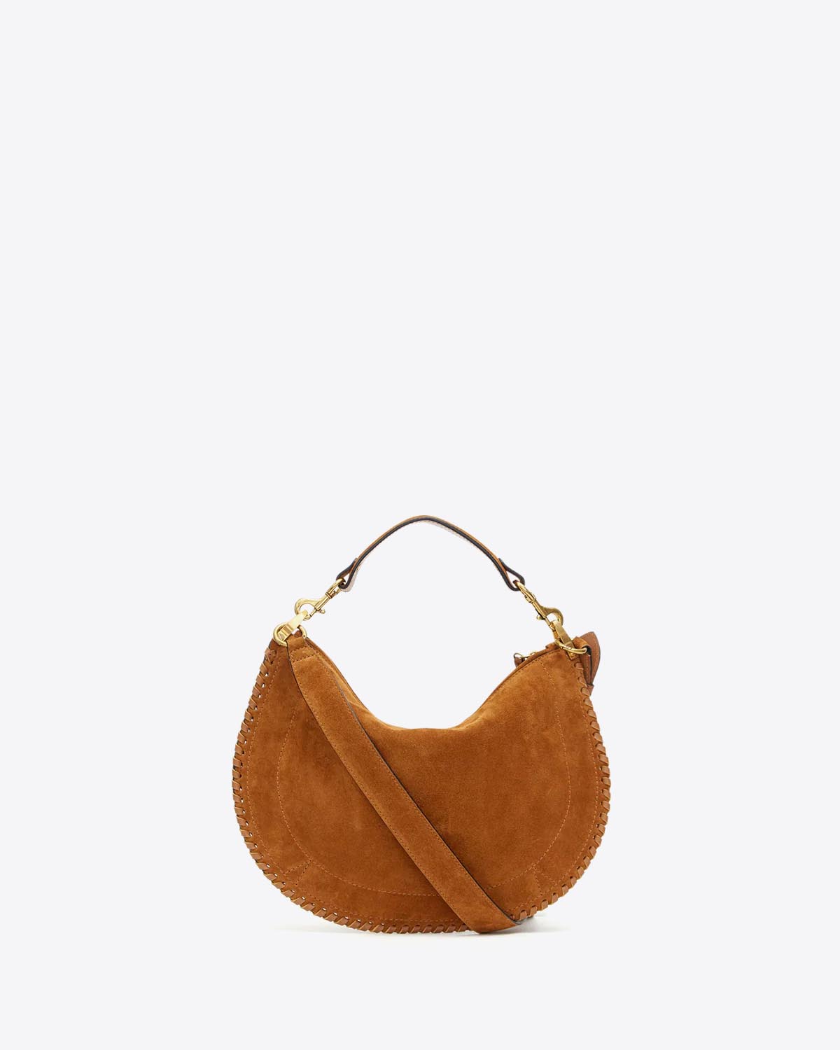 Sac Oskan Soft Zip Isabel Marant en cuir suédé cognac et tressé. Petite anse porté main ou épaule et longue bandoulière pour un porté épaule ou croisé. Dos et détail de la anse amovible. 