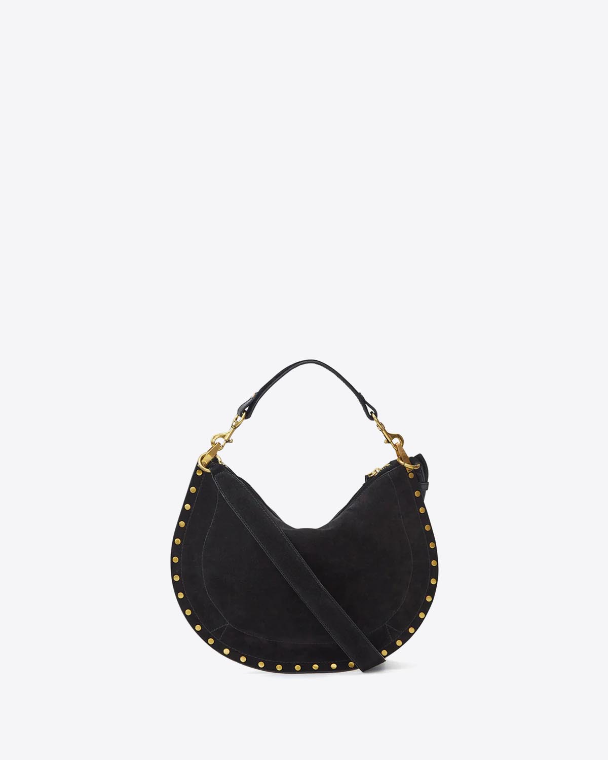 Sac Oskan Soft Zip Isabel Marant en cuir suédé noir et clous. Anse courte pour un porté main ou épaule et bandoulière longue pour un porté épaule ou croisé. Dos.